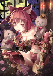 Rule 34 | 10s, 1girl, animal ears, bad id, bad pixiv id, bare shoulders, boots, bow, breasts, candle, candlestand, cerberus (shingeki no bahamut), cleavage, dog ears, fangs, gauntlets, granblue fantasy, hand puppet, high heels, highres, indoors, jack-o&#039;-lantern, long hair, midriff, moon, navel, night, night sky, pumpkin, puppet, red bow, red eyes, red hair, saraki, shingeki no bahamut, sky, solo, thighhighs, tongue, tongue out, twintails, very long hair, window