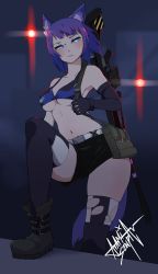 Rule 34 | 1girl, animal ears, aqua eyes, artist name, bikini, bikini top only, black thighhighs, boots, bra, breasts, character request, eyebrows, gloves, gun, highres, jt senpai, legs, looking at viewer, midriff, navel, over shoulder, purple hair, revealing clothes, rifle, sniper rifle, swimsuit, tail, thick thighs, thighhighs, thighs, underboob, underwear, weapon, weapon on back, weapon over shoulder, wolf ears
