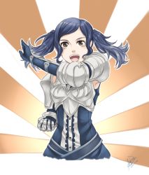 Rule 34 | 1girl, alicethebrabbito, armor, bad id, bad pixiv id, blue hair, breastplate, brown eyes, cynthia (fire emblem), fire emblem, fire emblem awakening, gauntlets, gloves, nintendo, open mouth, short twintails, signature, solo, twintails