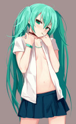 Rule 34 | 00s, 1girl, aqua eyes, aqua hair, blue skirt, blush, breasts, brown choker, choker, cigarette, collarbone, commentary request, cowboy shot, grey background, hatsune miku, highres, jewelry, long hair, miniskirt, navel, necklace, no bra, open clothes, open shirt, shirt, short sleeves, simple background, skirt, small breasts, solo, standing, twintails, vocaloid, wristband, zen33n