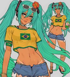 abs absurdres bad_id bad_twitter_id bead_anklet bead_necklace beads brazil brazilian_miku flip-flops flower glasses green_eyes green_hair hair_flower hair_ornament hatsune_miku highres jewelry necklace pearl_thong sandals shirt short_shorts shorts slippers soda tan tanline yellow_shirt yoracrab