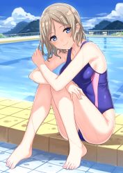 Rule 34 | 1girl, barefoot, blue eyes, blue one-piece swimsuit, blush, breasts, cameltoe, closed mouth, cloud, day, elbows on knees, from side, grey hair, hajime kaname, hand on own thigh, head tilt, highleg, highleg swimsuit, highres, knees together feet apart, knees up, looking at viewer, love live!, love live! sunshine!!, medium breasts, one-piece swimsuit, outdoors, parted bangs, playing with own hair, pool, railing, short hair, sitting, smile, solo, swept bangs, swimsuit, tile floor, tiles, watanabe you, water, wet