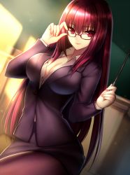 Rule 34 | 1girl, alternate costume, bad id, bad pixiv id, black pantyhose, breasts, classroom, cleavage, fate/grand order, fate (series), formal, glasses, indoors, large breasts, long hair, looking at viewer, meaomao, pantyhose, pencil skirt, pointer, purple hair, red eyes, red hair, scathach (fate), school, skirt, skirt suit, smile, solo, suit, teacher, very long hair