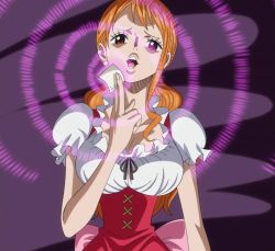 Rule 34 | 1girl, bare shoulders, breasts, brown eyes, cleavage, dirndl, german clothes, nami (one piece), nami (one piece) (whole cake island), one piece, orange hair, parted lips, screencap, smile, tagme