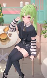 Rule 34 | 1girl, absurdres, arm warmers, belt, belt buckle, black belt, black footwear, black shirt, black skirt, black thighhighs, buckle, burger, chain, closed mouth, commentary request, delutaya, earrings, food, green hair, green nails, hand up, heart, highres, indie virtual youtuber, jewelry, knees together feet apart, long hair, looking at viewer, nail polish, on chair, pleated skirt, ponytail, red eyes, shirt, shoes, short sleeves, sitting, skirt, smile, solo, starfox1015, striped, table, thighhighs, tile floor, tiles, triangle earrings, virtual youtuber