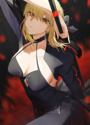 Rule 34 | 1girl, absurdres, arm up, artoria pendragon (all), artoria pendragon (fate), black choker, black dress, blonde hair, blood, blood splatter, braid, breasts, choker, cleavage, detached sleeves, dress, excalibur morgan (fate), fate/stay night, fate (series), hair ribbon, highres, holding, holding weapon, large breasts, long dress, looking at viewer, orange eyes, parted lips, puffy sleeves, ribbon, rororo, saber alter, serious, sidelocks, solo, sword, weapon