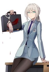 Rule 34 | 1girl, absurdres, an-94 (antje) (girls&#039; frontline), an-94 (girls&#039; frontline), aqua eyes, aqua jacket, bespectacled, black pantyhose, blonde hair, blood, blood drip, blood on clothes, blood on hands, blood stain, blue eyes, blue necktie, briefcase, business suit, closed mouth, commentary, commission, cowboy shot, cuffs, dismemberment, expressionless, formal, gamryous, girls&#039; frontline, glasses, handcuff dangle, handcuffs, highres, holding, holding briefcase, jacket, leaning on object, long sleeves, looking at viewer, necktie, over-rim eyewear, pantyhose, pixiv commission, ponytail, semi-rimless eyewear, severed hand, sidelocks, simple background, solo, suit, table, when you see it, white background
