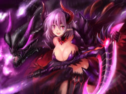 Rule 34 | 1girl, breasts, capcom, cleavage, collarbone, covered erect nipples, edobox, gore magala, gore magala (armor), horns, large breasts, legs, long hair, looking at viewer, midriff, monster, monster hunter, monster hunter (series), monster hunter 4, navel, personification, pointy ears, purple hair, red eyes, scythe, shiny skin, smile