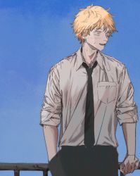 Rule 34 | 1boy, black necktie, black pants, blonde hair, blue background, chainsaw man, collared shirt, denji (chainsaw man), hand in pocket, highres, male focus, necktie, pants, pocket, sharp teeth, shirt, shirt tucked in, short hair, sky, sleeves rolled up, solo, tasuketemama, teeth, white shirt, yellow eyes