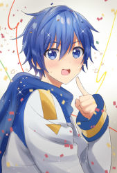 Rule 34 | 1boy, birthday, blue eyes, blue hair, blue nails, blue scarf, coat, commentary, confetti, index finger raised, kaito (vocaloid), kikuchi mataha, looking at viewer, male focus, nail polish, open mouth, scarf, smile, solo, streamers, upper body, vocaloid, white coat