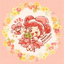 Rule 34 | 1girl, blush, cherry pie (honeycherry08), chibi, closed eyes, commentary request, dodo (ojamajo doremi), double bun, dress, earrings, fairy, flower, full body, gloves, hair bun, happy birthday, harukaze doremi, hat, holding, jewelry, looking at viewer, magical girl, majorika, ojamajo doremi, one eye closed, open mouth, pink background, pink dress, pink footwear, pink gloves, pink hat, red hair, short hair, smile, solo, sparkle, twitter username, witch hat