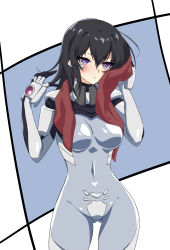 Rule 34 | 1girl, ayamine kei, black hair, blush, bodysuit, breasts, bright pupils, covered navel, fortified suit, grey bodysuit, hair between eyes, highres, kamon rider, looking at viewer, medium breasts, medium hair, muv-luv, muv-luv alternative, muv-luv alternative (anime), parted lips, purple eyes, skin tight, solo, sweat, towel, white background, white pupils, wiping sweat