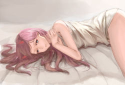 Rule 34 | 10s, 1girl, absurdres, bed sheet, blue eyes, darling in the franxx, grey background, grey shirt, highres, horns, liudaohai6001, long hair, looking at viewer, lying, naked shirt, on side, parted bangs, parted lips, pink hair, shirt, sketch, sleeveless, sleeveless shirt, solo, zero two (darling in the franxx)
