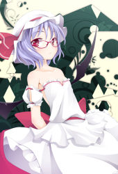 Rule 34 | 1girl, bad id, bad pixiv id, bare shoulders, bespectacled, dress, female focus, glasses, hat, ogami kazuki, purple hair, red-framed eyewear, red eyes, remilia scarlet, solo, strapless, strapless dress, touhou