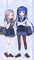 Rule 34 | 2girls, :3, bag, blue bow, blue bowtie, blue eyes, blue hair, blue skirt, blue sweater vest, blunt bangs, book, bow, bowtie, collared shirt, colored eyelashes, commentary request, crossed arms, dlanor a. knox, drill hair, full body, furudo erika, ghkdakrh1129, glasses, highres, holding, holding book, holding strap, korean commentary, light blush, light purple hair, loafers, long hair, long sleeves, looking at viewer, medium hair, multiple girls, outline, pantyhose, parted lips, pleated skirt, quad drills, school bag, school uniform, semi-rimless eyewear, shirt, shoes, shoulder bag, side-by-side, sidelocks, skirt, socks, sweater vest, swept bangs, thighhighs, two side up, umineko no naku koro ni, under-rim eyewear, very long hair, white outline, white shirt, white thighhighs, yellow eyes, zettai ryouiki