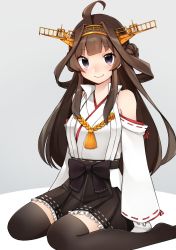 Rule 34 | 1girl, ahoge, bad id, bad twitter id, black skirt, black thighhighs, brown eyes, brown hair, commentary request, detached sleeves, double bun, frilled skirt, frills, grey background, hair bun, hairband, headgear, highres, kantai collection, katsuobushi (eba games), kongou (kancolle), kongou kai ni (kancolle), long hair, looking at viewer, ribbon-trimmed sleeves, ribbon trim, simple background, sitting, skirt, sleeves past wrists, smile, solo, thighhighs, wariza