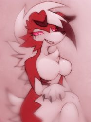 Rule 34 | 1girl, animal ears, breasts, claws, creatures (company), dog ears, dog tail, furry, furry female, game freak, gen 7 pokemon, grin, half-closed eyes, large breasts, looking at viewer, lycanroc, napdust, nintendo, pink background, pink eyes, pokemon, pokemon (creature), pokemon sm, sharp teeth, simple background, sitting, smile, solo, tail, teeth