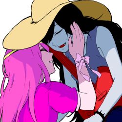 Rule 34 | 2girls, adventure time, axe, black hair, colored skin, closed eyes, fangs, grey skin, guitar, hand on another&#039;s face, hat, imminent kiss, instrument, marceline abadeer, multiple girls, open mouth, pink hair, pink skin, princess bonnibel bubblegum, ribbon, sato yoshi shizue, satoyoshi fuyou, shade, smile, weapon, yuri