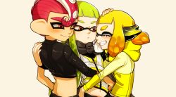 Rule 34 | 1boy, 2girls, :o, agent 3 (splatoon), agent 4 (splatoon), agent 8 (splatoon), asymmetrical sleeves, beige background, black shirt, blonde hair, blouse, blunt bangs, bracelet, closed eyes, commentary request, dark skin, eyelashes, green hair, grin, half-closed eyes, hand on another&#039;s back, hand on another&#039;s shoulder, head grab, hug, inkling, inkling girl, inkling player character, jacket, jewelry, long hair, long sleeves, looking at another, midriff, multiple girls, navel, nintendo, octoling, octoling boy, octoling player character, parted bangs, red hair, sharp teeth, shirt, short hair, smile, splatoon (series), splatoon 1, splatoon 2, splatoon 2: octo expansion, squidbeak splatoon, teeth, uneven sleeves, vest, yellow jacket, yellow vest, yeneny