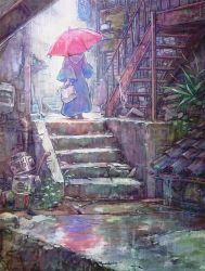 Rule 34 | 1girl, bag, dress, junpei (juntonanotukunanika), leaf, original, plant, rain, scenery, stairs, umbrella, walking