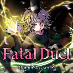 Rule 34 | 1girl, album cover, black headwear, black ribbon, collar, collared dress, cover, dark background, dress, english text, frilled sleeves, frills, game cg, green dress, green eyes, grey hair, hat, hat ribbon, lightning, long sleeves, looking at viewer, official art, ofuda, ofuda on clothes, open mouth, outstretched arm, outstretched hand, ribbon, roughskreamz, sanamisa, short hair, smile, soga no tojiko, storm, tate eboshi, touhou, touhou cannonball, upper body, wavy hair, white collar