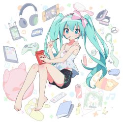 Rule 34 | 1girl, aqua eyes, aqua hair, barefoot, black pants, book, bookmark, camisole, can, cellphone, controller, crayon, eating, feet, food, full body, fuusen neko, hair brush, hatsune miku, headphones, highres, long hair, looking at viewer, mouth hold, necktie, unworn necktie, pants, phone, pillow, pocky, shirt, short shorts, shorts, sitting, slippers, unworn slippers, smartphone, smile, solo, strap slip, twintails, very long hair, vocaloid, white background, white shirt