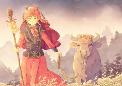Rule 34 | 1girl, bow, bull, day, field, flower, gold trim, green eyes, highres, horns, leash, long skirt, long sleeves, looking at viewer, nose piercing, nose ring, original, outdoors, piercing, red bow, red headwear, red skirt, short hair with long locks, skirt, solo, standing, tree, cane, yue natsuki