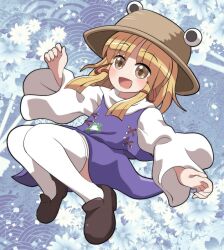 1girl :d animal_print blonde_hair blush brown_eyes brown_footwear brown_hat commentary_request frog_print full_body hair_ribbon hat highres long_sleeves moriya_suwako open_mouth purple_skirt purple_vest red_ribbon ribbon rokugou_daisuke shirt short_hair signature skirt smile solo thighhighs touhou vest white_shirt white_thighhighs wide_sleeves