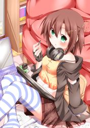 Rule 34 | 1girl, absurdres, bookshelf, brown hair, casual, chestnut mouth, computer, drawing tablet, green eyes, hair ornament, hairpin, headphones, headphones around neck, highres, laptop, looking at viewer, one side up, original, parted lips, plaid, plaid skirt, pleated skirt, short hair, sitting, sketch, skirt, solo, striped clothes, striped thighhighs, stylus, thighhighs, wakagi repa