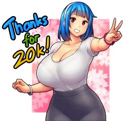 Rule 34 | 1girl, black skirt, blue hair, blunt bangs, border, bracelet, breasts, cleavage, collarbone, commentary, curvy, english commentary, erkaz, grin, hairband, highres, huge breasts, jewelry, medium hair, original, outstretched hand, parted lips, patterned background, red eyes, rina atherina, shirt, shirt tucked in, short sleeves, skirt, smile, standing, t-shirt, thank you, v, white border, white hairband, white shirt