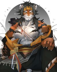 Rule 34 | 1boy, abs, absurdres, arknights, bare pectorals, claws, furry, furry male, headband, highres, huai tianpei (arknights), long hair, looking at viewer, male focus, monochrome, mouth hold, mrcat144, orange fur, pectorals, smile, solo, stalk in mouth, striped, tiger boy, yellow headband
