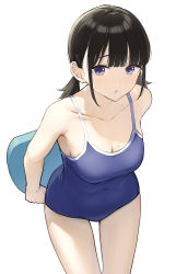 Rule 34 | 1girl, :o, absurdres, arms behind back, black hair, blue one-piece swimsuit, breasts, chestnut mouth, cleavage, collarbone, commentary request, competition school swimsuit, covered navel, cowboy shot, highres, kickboard, leaning forward, light blush, looking at viewer, low twintails, medium breasts, medium hair, mole, mole on breast, one-piece swimsuit, original, parted lips, purple eyes, school swimsuit, sidelocks, simple background, solo, standing, straight hair, sweatdrop, swimsuit, takenoko no you, taut clothes, thighs, twintails, white background