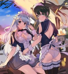 Rule 34 | 10s, 2girls, alternate costume, apron, ass, backless outfit, black hair, blush, breasts, cleavage, commentary request, enmaided, closed eyes, from behind, green eyes, kantai collection, long hair, looking at viewer, looking back, maid, maid apron, maid headdress, medium breasts, multiple girls, shoukaku (kancolle), silver hair, tousaki umiko, twintails, wrist cuffs, zuikaku (kancolle)