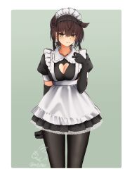 Rule 34 | 1girl, absurdres, alternate costume, black gloves, blush, border, breasts, brown hair, cleavage, cleavage cutout, clothing cutout, commentary request, cowboy shot, dress, elbow gloves, enmaided, frilled dress, frills, gloves, gradient background, hair between eyes, hair horns, hatsuzuki (kancolle), highres, kantai collection, looking at viewer, maid, medium breasts, mochizou, puffy short sleeves, puffy sleeves, short sleeves, signature, smile, solo, twitter username, white border, yellow eyes