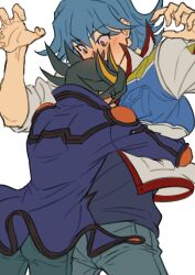 Rule 34 | 2boys, absurdres, black hair, blue hair, blue jacket, blue shirt, blush, bruno (yu-gi-oh!), closed eyes, couple, denim, elbow pads, fudo yusei, grey eyes, hands up, high collar, highres, hug, jacket, jeans, male focus, multicolored hair, multiple boys, pants, shirt, short hair, shoulder pads, simple background, sleeves rolled up, spiked hair, streaked hair, surprised, white background, yaoi, youko-shima, yu-gi-oh!, yu-gi-oh! 5d&#039;s