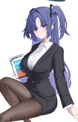 Rule 34 | 1girl, alternate costume, black jacket, black pantyhose, black skirt, blue archive, closed mouth, collared shirt, halo, high-waist skirt, highres, holding, holding tablet pc, jacket, konishi (kn4), long hair, long sleeves, looking at viewer, office lady, pantyhose, purple eyes, purple hair, shirt, simple background, skirt, smile, solo, tablet pc, two side up, white background, white shirt, yuuka (blue archive)
