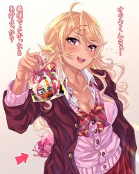 Rule 34 | 1girl, :d, ahoge, amaryllis gumi, blonde hair, blush, bow, bowtie, box, breasts, cardigan, chocolate, cleavage, collarbone, collared shirt, commentary, dark skin, dark-skinned female, dress shirt, earrings, flying sweatdrops, gift bag, gyaru, hair ornament, hairclip, heart, heart-shaped box, heart print, highres, incoming gift, jacket, jewelry, kogal, looking at viewer, loose bowtie, medium breasts, nail polish, open clothes, open jacket, open mouth, ouga saki, partially unbuttoned, pink cardigan, red eyes, red nails, school uniform, shashaki, shirt, smile, solo, star (symbol), star earrings, star hair ornament, teeth, translated, valentine, virtual youtuber, white shirt
