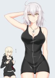 Rule 34 | ..., 2girls, ahoge, arm behind head, arm up, armpits, artoria pendragon (all), artoria pendragon (fate), bare arms, bare shoulders, belt, black dress, black jacket, black ribbon, black shorts, blonde hair, breast envy, breasts, cleavage, commentary request, cowboy shot, dress, fate/grand order, fate (series), grey background, hair between eyes, hair ribbon, hands on own chest, highres, hood, hooded jacket, jacket, jeanne d&#039;arc (fate), jeanne d&#039;arc alter (fate), jeanne d&#039;arc alter (ver. shinjuku 1999) (fate), jewelry, jitome, large breasts, long sleeves, looking at viewer, medium breasts, multiple girls, official alternate costume, open clothes, open jacket, pendant, ribbon, saber alter, saber alter (ver. shinjuku 1999) (fate), short dress, short hair, short shorts, shorts, sidelocks, silver hair, simple background, sleeveless, sleeveless dress, smile, standing, thighs, watarase piro, white belt, yellow eyes, zipper