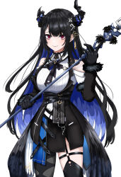 Rule 34 | 1girl, absurdres, aidoruhakase, asymmetrical horns, black dress, black gloves, black hair, black thighhighs, blue hair, colored inner hair, dress, fur trim, gloves, hair ornament, highres, hololive, hololive english, horns, long hair, looking at viewer, mole, mole under eye, multicolored hair, nerissa ravencroft, nerissa ravencroft (1st costume), red eyes, simple background, smile, solo, staff, thigh strap, thighhighs, two-tone hair, uneven horns, virtual youtuber, white background