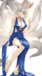 Rule 34 | 1girl, alternate costume, animal ear fluff, animal ears, azur lane, bare shoulders, blue dress, blue eyes, blunt bangs, breasts, champagne flute, closed mouth, collarbone, cup, dress, drinking glass, eyeliner, feet, foreshortening, fox ears, fox tail, gold footwear, half-closed eyes, hand up, high heels, highres, holding, holding cup, invisible chair, jewelry, kaga (azur lane), kaga (exalted white wings) (azur lane), kitsune, kyuubi, large breasts, looking at viewer, makeup, multiple tails, no bra, no panties, pelvic curtain, short hair, simple background, sitting, sleeveless, sleeveless dress, smile, solo, tail, teltelhousi, thighs, toeless footwear, toes, white background, white hair