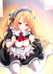 Rule 34 | 1girl, :o, absurdres, annoyed, blonde hair, breasts, framed breasts, highres, maid, maid headdress, miyama-zero, nipples, original, raised eyebrow, sitting, solo, thighhighs, twintails, white thighhighs, yellow eyes
