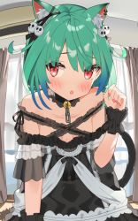 Rule 34 | 1girl, animal ear fluff, animal ears, bell, black choker, black dress, blush, breasts, breasts apart, cat ears, cat tail, choker, curtains, detached collar, detached sleeves, dress, ear piercing, earrings, frilled dress, frilled straps, frills, gothic lolita, green hair, hair ornament, hand up, highres, hololive, jewelry, lolita fashion, looking away, medium hair, nail polish, off-shoulder dress, off shoulder, piercing, pink nails, red eyes, ribbon, see-through, see-through sleeves, short dress, short sleeves, skull earrings, skull hair ornament, solo, strapless, tail, uruha rushia, uruha rushia (3rd costume), virtual youtuber, wristband, yoru no yayoi