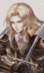 Rule 34 | 1boy, alucard (castlevania), angel31424, bishounen, black gloves, blonde hair, bow, cape, castlevania (series), commentary request, dhampir, gloves, half-human, holding, holding sword, holding weapon, jacket, leather, leather gloves, leather jacket, long hair, looking at viewer, male focus, simple background, solo, sword, translation request, undead, vampire, weapon, white bow, white neckwear