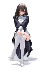 Rule 34 | 1girl, absurdres, black hair, high heels, highres, long hair, looking at viewer, maid, original, pink eyes, sitting, solo, spider apple, straight hair, thighhighs, white background, white thighhighs