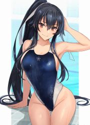 Rule 34 | 1girl, bare arms, bare legs, bare shoulders, black hair, black one-piece swimsuit, blush, brown eyes, closed mouth, collarbone, competition swimsuit, female focus, groin, hair between eyes, highleg, highleg swimsuit, highres, kantai collection, kasumi (skchkko), long hair, one-piece swimsuit, ponytail, sitting, smile, solo, swimsuit, very long hair, yahagi (kancolle)