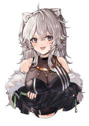Rule 34 | 1girl, ahoge, animal ear fluff, animal ears, appleseed (appleseed art), bad id, bad pixiv id, black jacket, black shirt, breasts, cleavage, commentary request, fur-trimmed jacket, fur trim, grey eyes, hair between eyes, hololive, jacket, large breasts, lion ears, long hair, looking at viewer, see-through, see-through cleavage, shirt, shishiro botan, shishiro botan (1st costume), silver hair, simple background, sleeveless, sleeveless shirt, solo, thighhighs, tongue, tongue out, upper body, virtual youtuber, white background