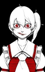 Rule 34 | 1girl, angry, ascot, bad id, bad twitter id, black background, female focus, flandre scarlet, limited palette, looking at viewer, monochrome, red eyes, scowl, short hair, side ponytail, simple background, smirk, sneer, solo, soramimi (seiga), teeth, touhou, upper body, wide-eyed