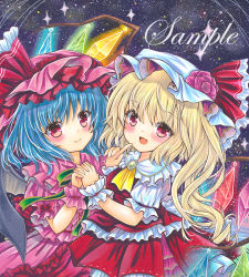Rule 34 | 2girls, :d, ascot, back bow, bat wings, black wings, blonde hair, blue hair, bow, brooch, closed mouth, cowboy shot, crystal, dark background, fang, flandre scarlet, flower, frilled bow, frilled hat, frilled shirt, frilled shirt collar, frills, green brooch, green ribbon, hat, hat ribbon, head tilt, holding hands, interlocked fingers, jewelry, marker (medium), mob cap, multiple girls, neck ribbon, open mouth, pink flower, pink headwear, pink rose, pink shirt, pink skirt, puffy short sleeves, puffy sleeves, rainbow order, red bow, red eyes, red ribbon, red skirt, red vest, remilia scarlet, ribbon, rose, rui (sugar3), sample watermark, shirt, short sleeves, siblings, side ponytail, sisters, skin fang, skirt, skirt set, sleeve ribbon, smile, touhou, traditional media, vest, watermark, white bow, white headwear, white shirt, wings, wrist cuffs, yellow ascot