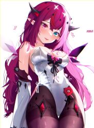 Rule 34 | 1girl, absurdres, bare shoulders, black bow, blue eyes, bow, breasts, covered navel, crystal wings, detached sleeves, detached wings, double halo, flower, halo, heart, heterochromia, highleg, highleg leotard, highres, hololive, hololive english, horns, irys (hololive), kkato, large breasts, leotard, long hair, long sleeves, looking at viewer, multicolored hair, pantyhose, pink hair, pointy ears, purple eyes, purple hair, purple pantyhose, red flower, red hair, side-tie leotard, simple background, smile, solo, split-color hair, star halo, strapless, strapless leotard, streaked hair, thighband pantyhose, very long hair, virtual youtuber, white background, white leotard, white sleeves, wings
