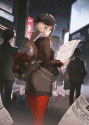 Rule 34 | 1girl, absurdres, blonde hair, crowd, glasses, highres, holding, holding newspaper, looking back, mature female, melania (reverse:1999), ms. acey, newspaper, reverse:1999, solo focus, szh---